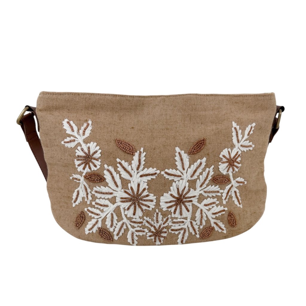 Chico's Boho Cottagecore Beaded Neutral Embroidered Floral Crossbody Bag Purse